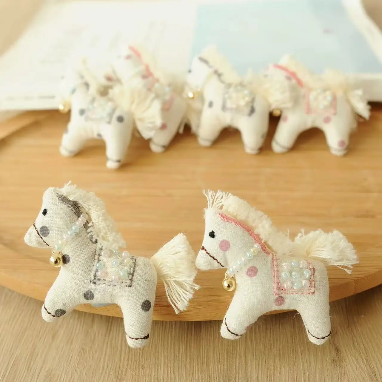 New Forest Style Fabric Horse Brooch with Polka Dots and Beads Pink Gray Cute Kawaii Pin for Sweater Backpack
