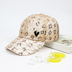 Rimiut Unisex Spring Summer Baseball Cap with Hollow Heart Decoration Breathable Glitter Mesh Hat for Men Women