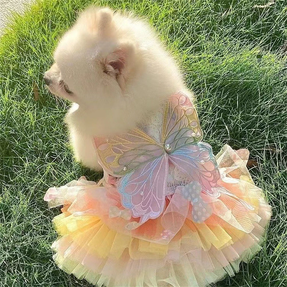 

Sweet Cute Cat Puppy Princess Dress Rainbow Butterfly Wings Gauze Bubble Skirt Small and Medium Dogs Clothing Summer Pet Clothes