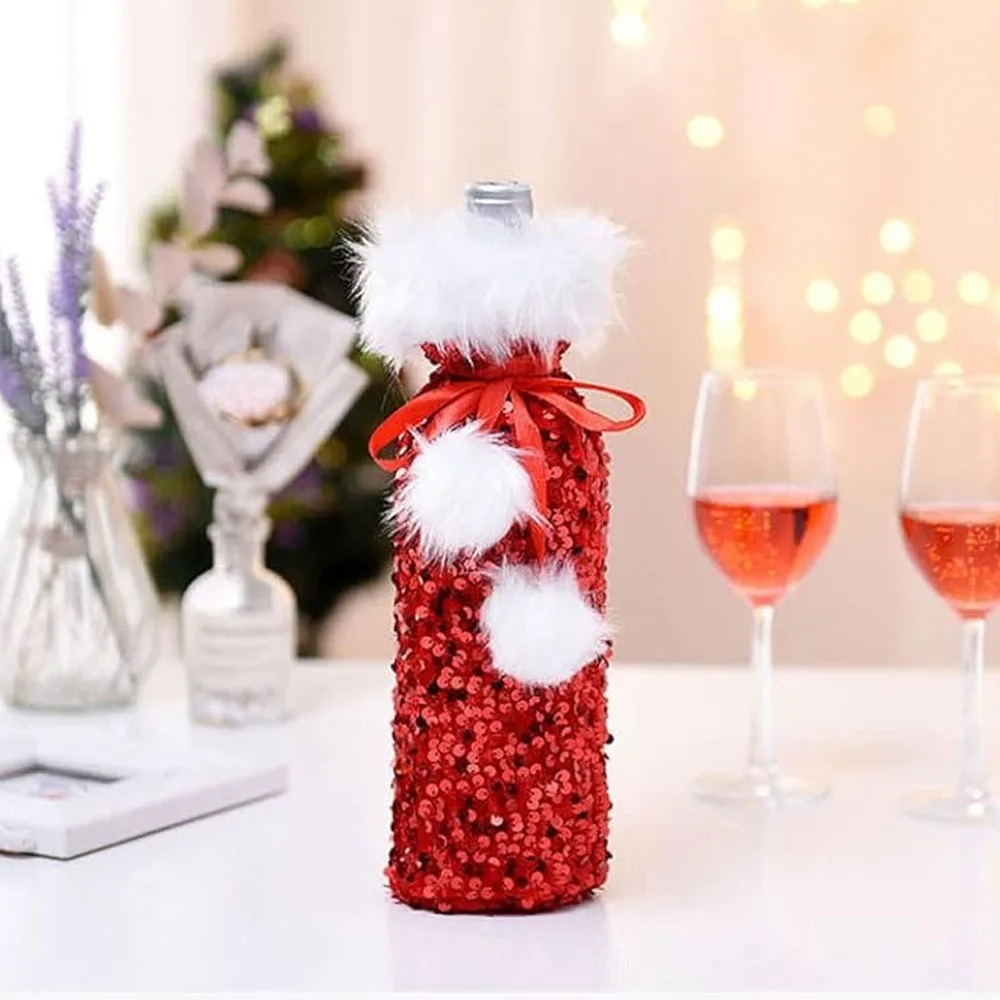 Cute Xmas Wine Bottle Cover Non-woven Dust-proof Christmas Wine Bottle Bags Sparkling Plush Ball Santa Claus Wine Bags