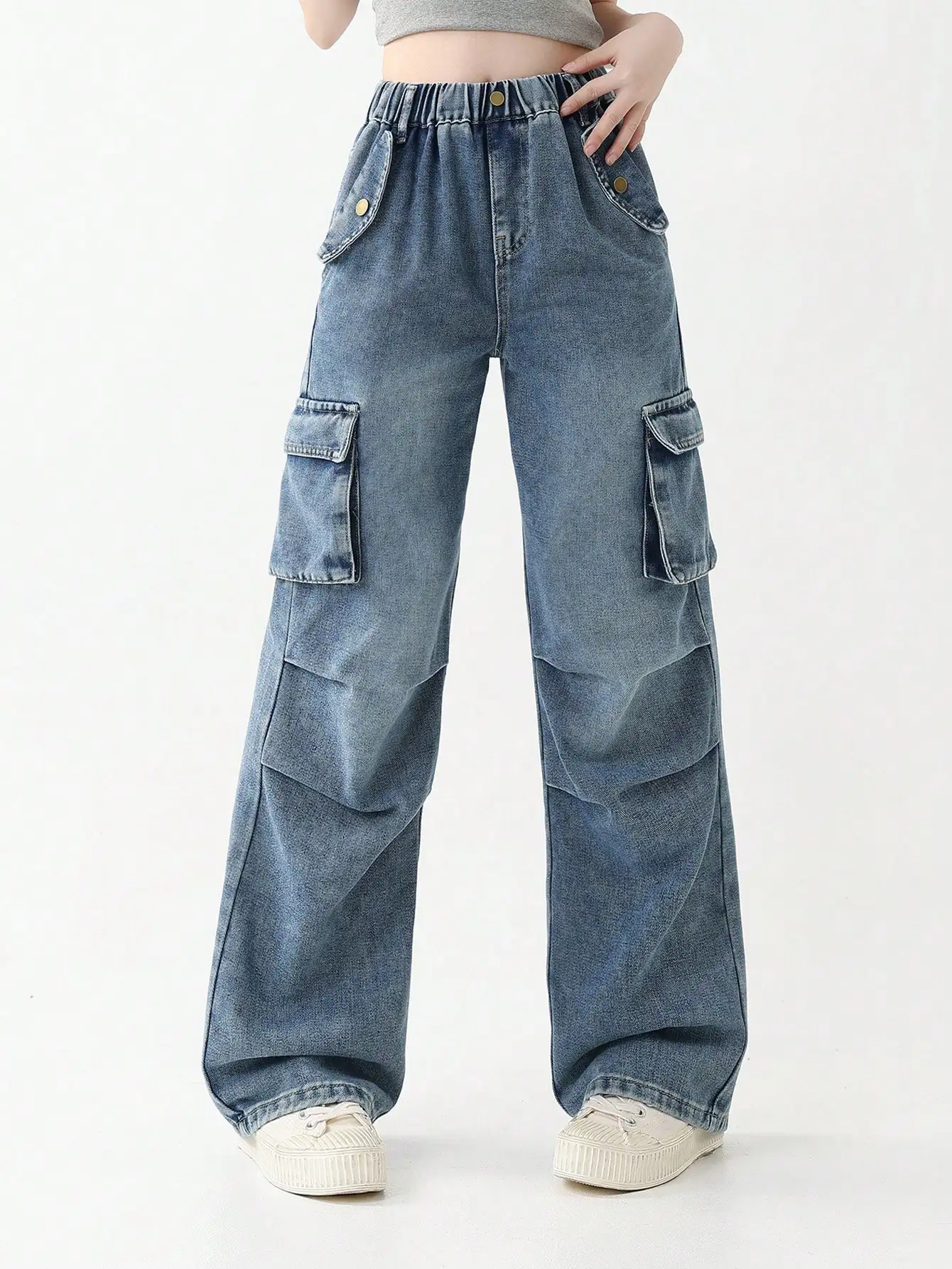 

Teenage Girls Wide Leg Straight Cut Jeans Large Pockets Vintage Washed Loose Casual Long Denim Pants for Tweens