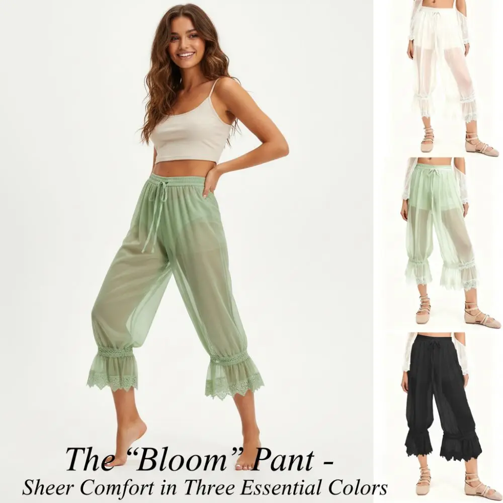 Sheer Mesh Bloomer Pants Loose Fit High Waist Lantern Trousers Drawstring Elastic Waist Lace Patchwork Cropped Pants Summer Wear