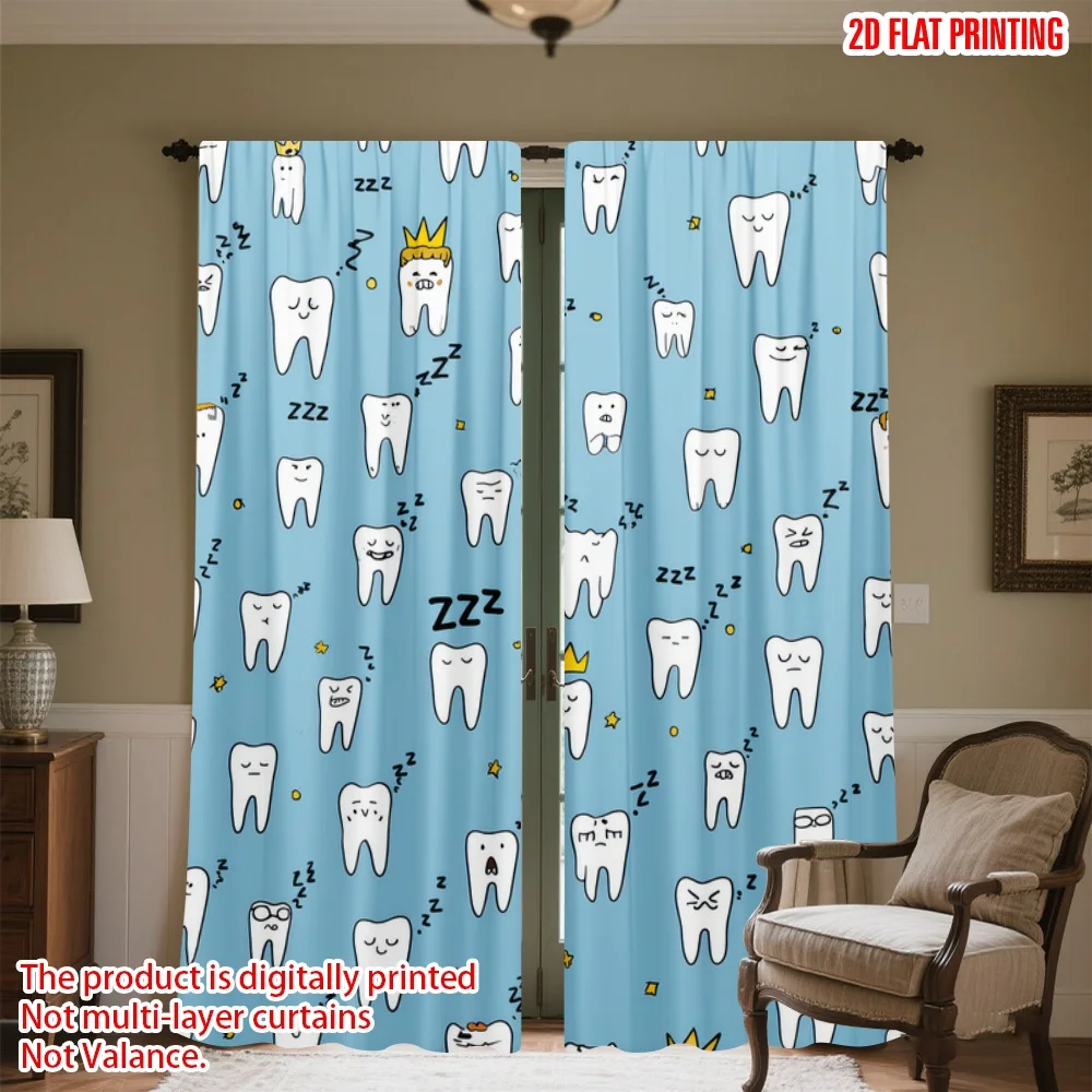 

2D flat printing 2pcs Scene Curtain Cute Sleeping Teeth Digital Printed Polyester Drapes Festive Holiday Use for Festive