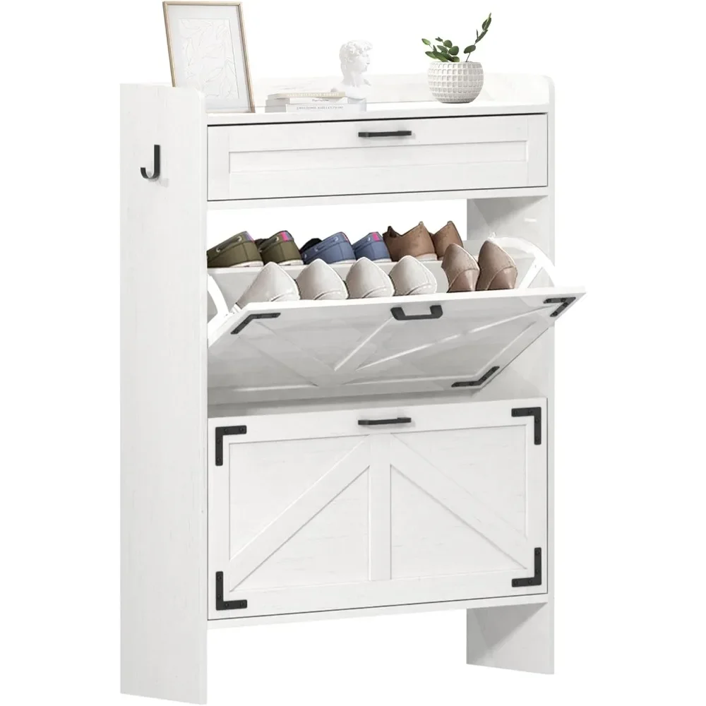 

Shoe Cabinet with 2 Flip Drawers, Shoe Storage Cabinet for Entryway, Wood Freestanding Shoes Hidden Cabinets Organizer with Adj