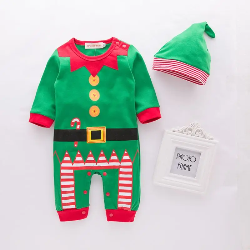 Christmas Classic Style Long Sleeves Green Baby Boys Romper with Christms Hat 3021
