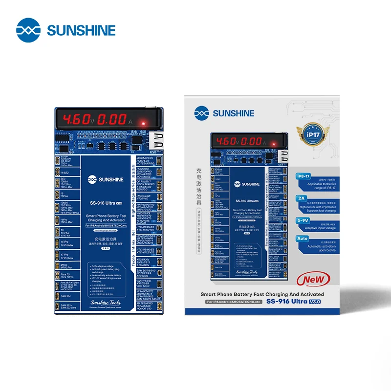 

SUNSHINE SS-916 Ultra V3.0 Phone Battery Charging Fixture Adaptive Voltage Real-time Display For IP8 17 Android