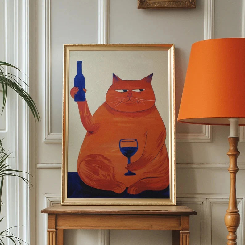 

A Cat Drinking Wine Poster Decoration Wall Decorations Bedroom Decor Room Aesthetic Gift Coffee House Bar Decorative Picture