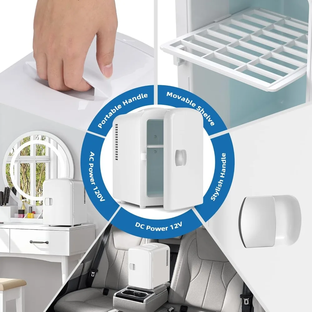 Compact Refrigerator, Portable Mini Fridge, Skin Care 4L Capacity/6 Cans, for Bedroom, Car, Office