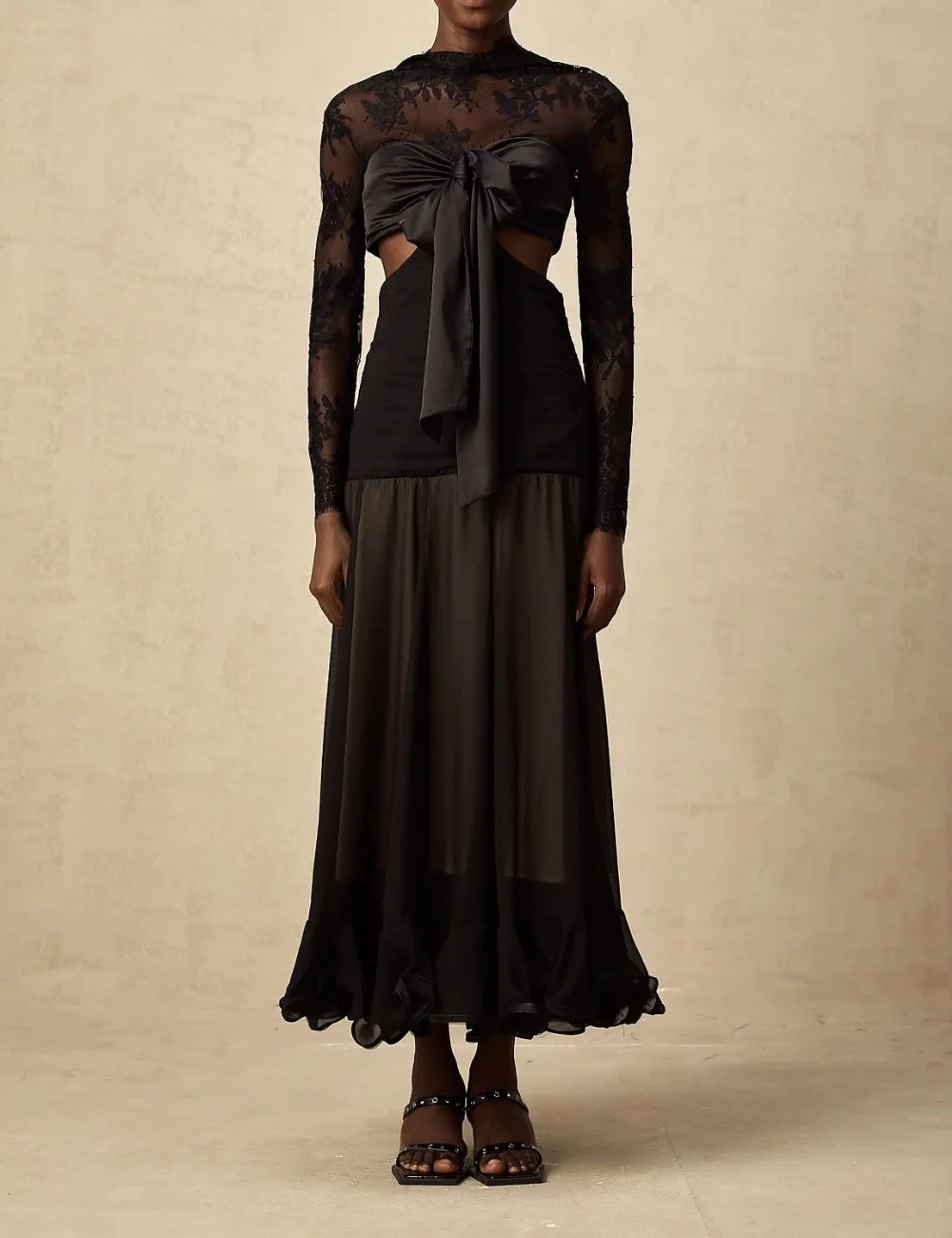 

Customized Black Fashion Sexy Chiffon Pleat Bow Lace A-line High Collar Ankle Length Evening Dresses Sizes Available Formal