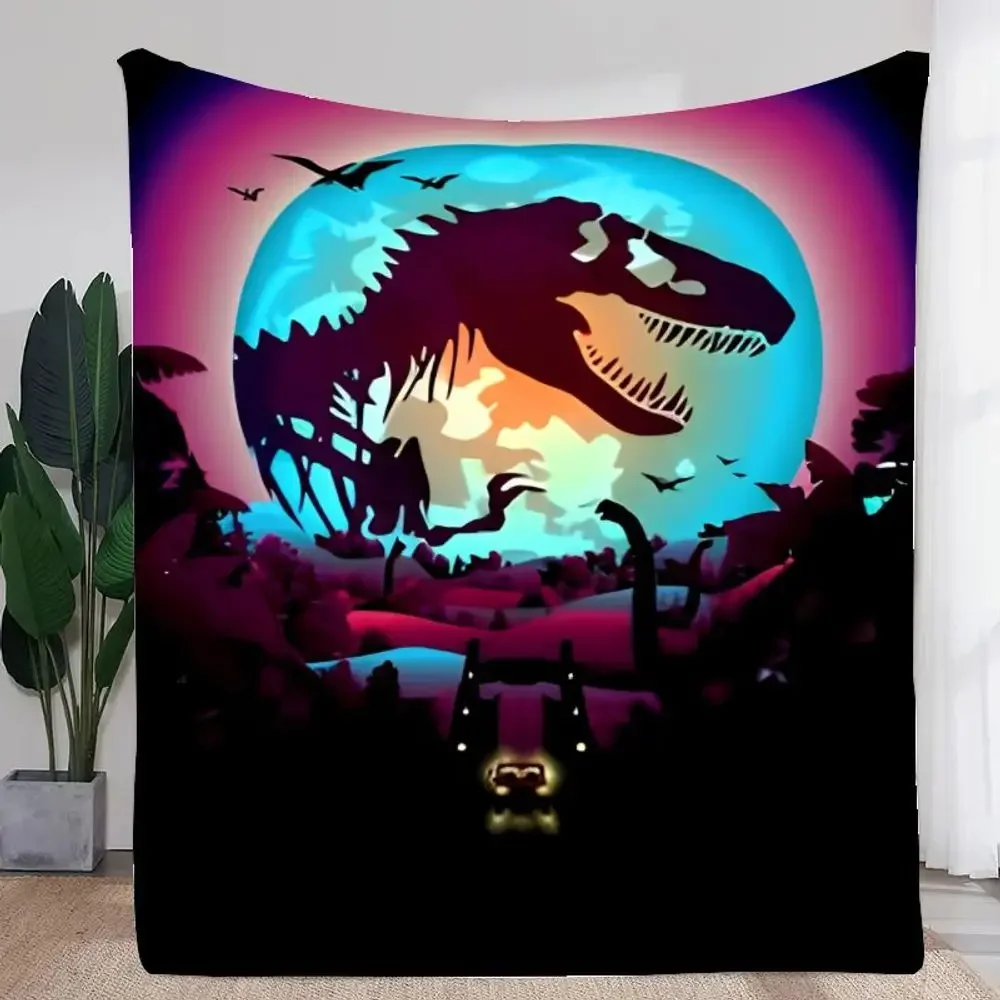 Vibrant Tyrannosaurus Rex Dinosaur and Glowing Blue Moon Blanket - Surreal Retro-Futuristic Soft Throw Blanket for Home Decor, P