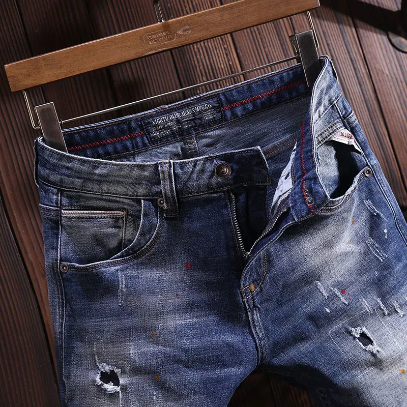 Street Fashion Men Jeans High Quality Retro Blue Stretch Slim Fit Patched Ripped Jeans Men Painted Designer Vintage Denim Pants