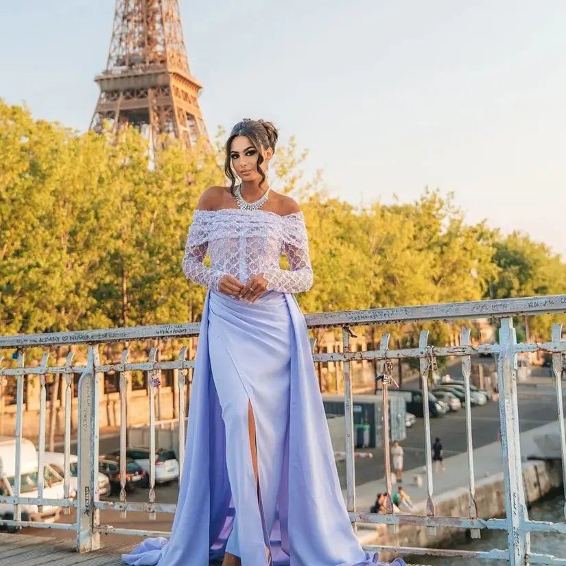 Vestidos de Fiesta de satén con abertura, elegantes vestidos de noche formales de manga larga con hombros descubiertos, longitud hasta el suelo