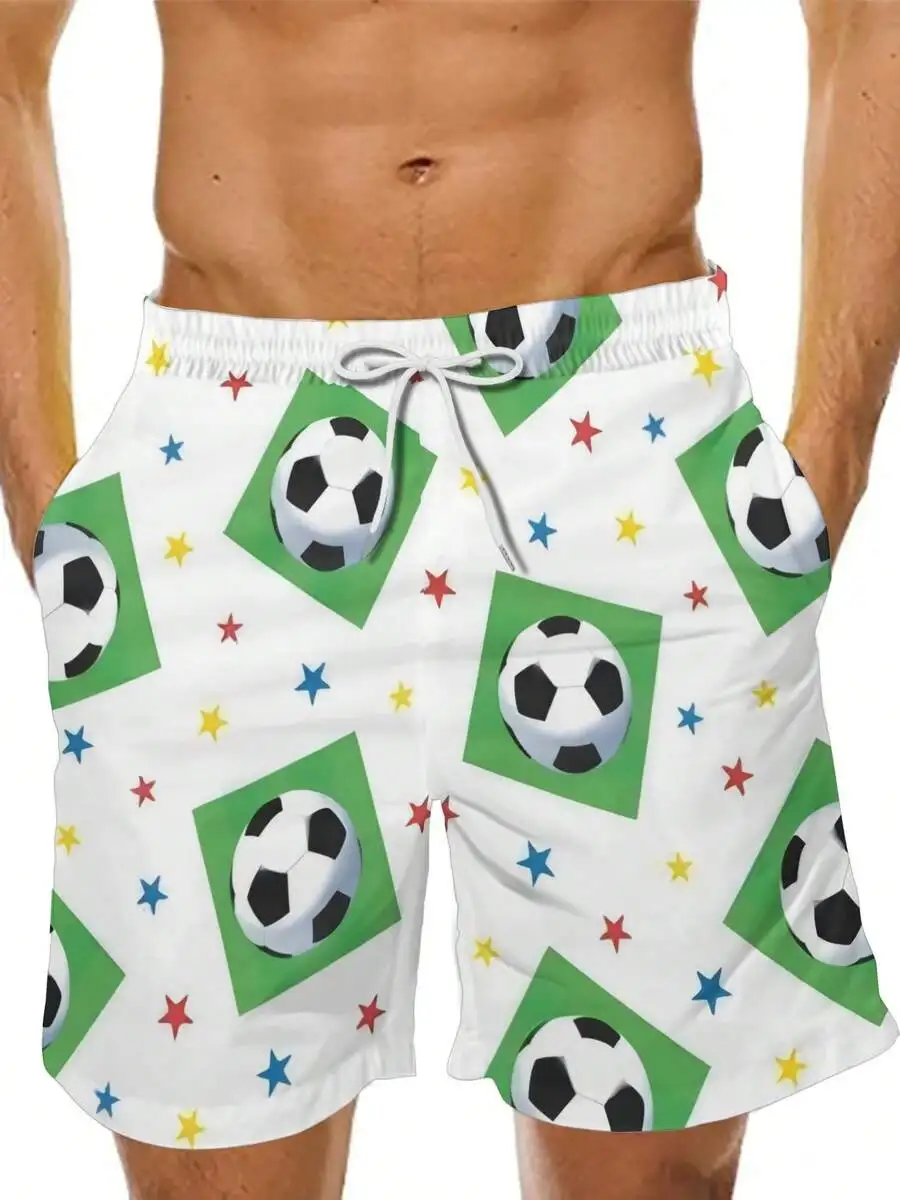 

Mens Quick Dry Beach Shorts With Soccer Ball And Star Print, Breathable Drawstring Waist