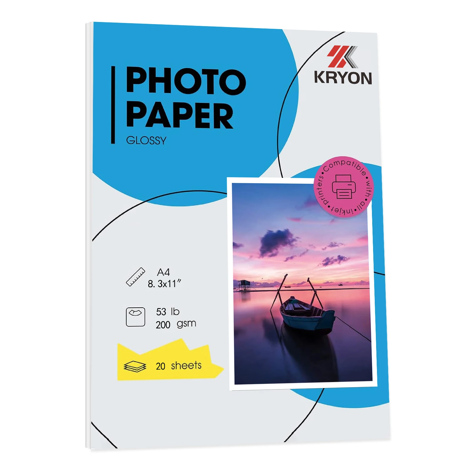 Papel fotográfico KRYON A4 de 210x297mm de alto brillo, 8,3x11,7 pulgadas, 20 hojas, 53Ib, 200Gsm para impresora de inyección de tinta