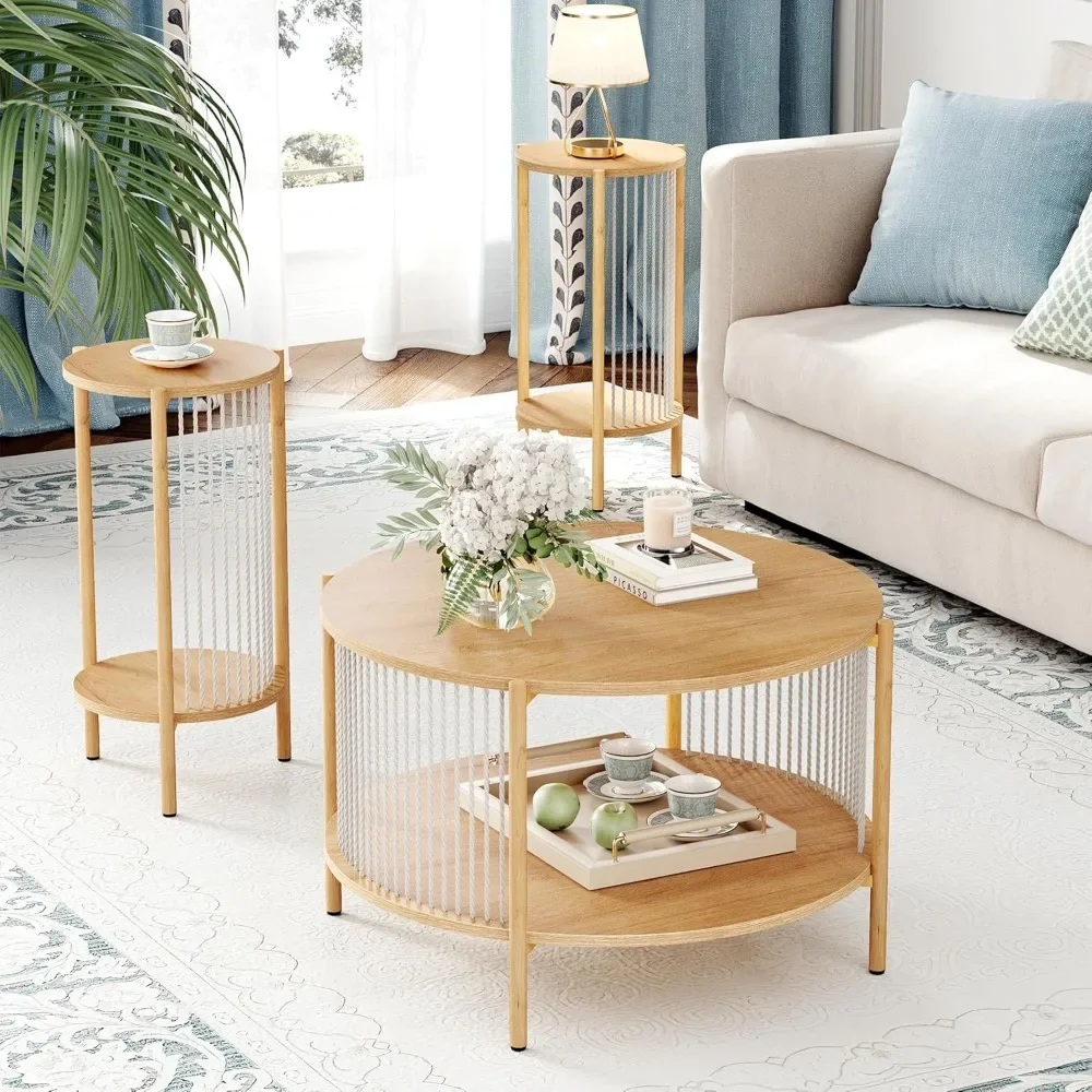 3-delige Boho Salontafel Set Met Handgeweven Natuurlijk Touw, 2-Tier Houten Ronde Salontafel En Eindtafelsets Met Metalen Frame