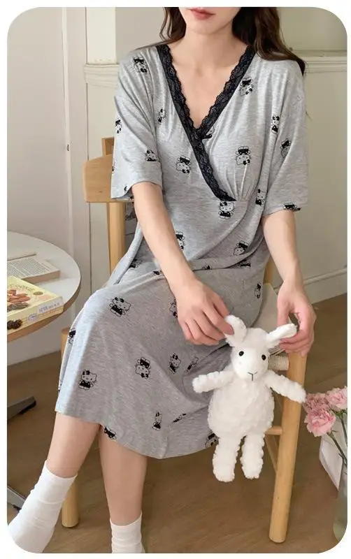 Breast Padded Nursing Nightgown, Summer Thin Modal Maternity Dress, Short Sleeved Dress New Models V-neck Printing Mid Length Sk