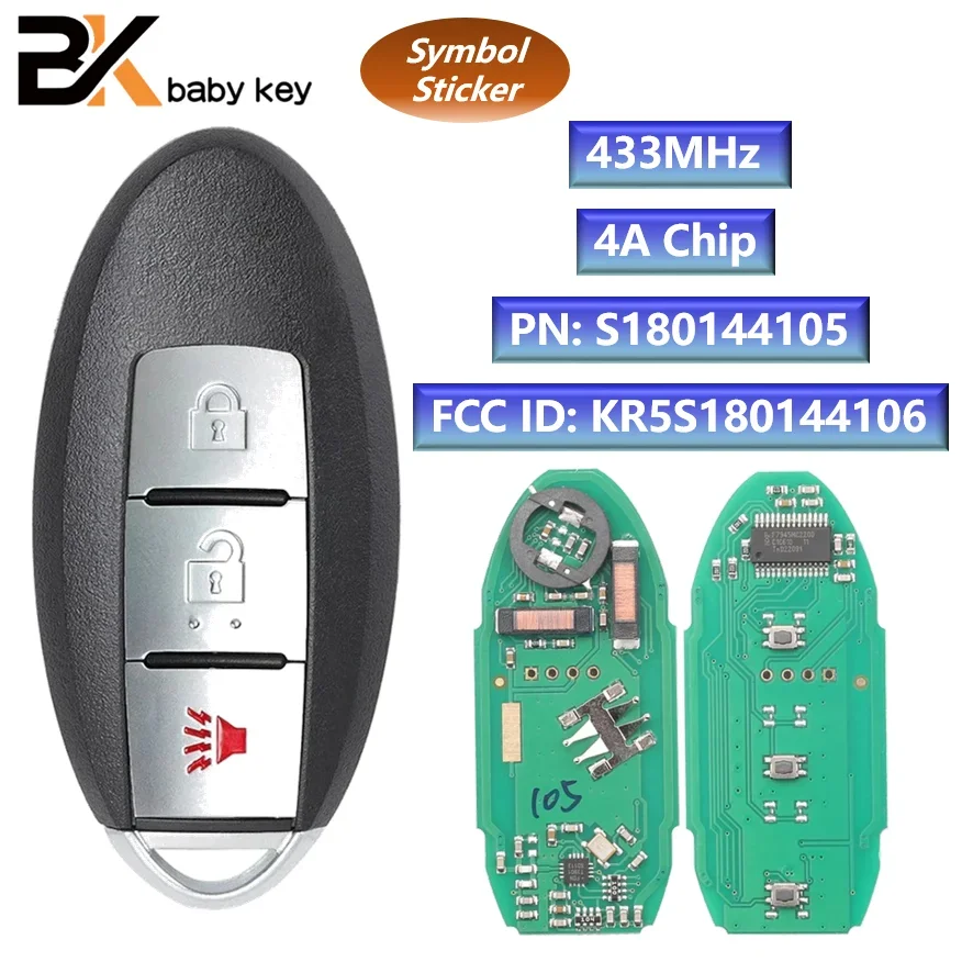 BB Key S180144105 Remote Car Key for Nissan Rogue US X-Trail 2014 2015 2016 2017 2018 433MHz 4A Chip 3 Buttons KR5S180144106