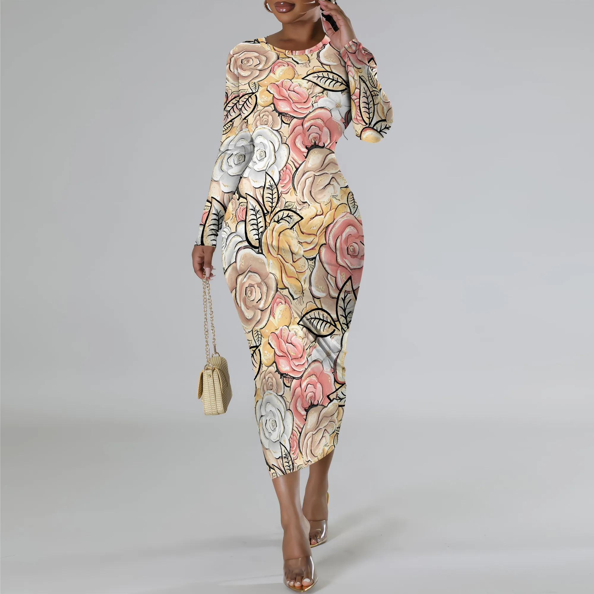 

Nupusa Floral Print Long Sleeve Bodycon Midi Dress for Women