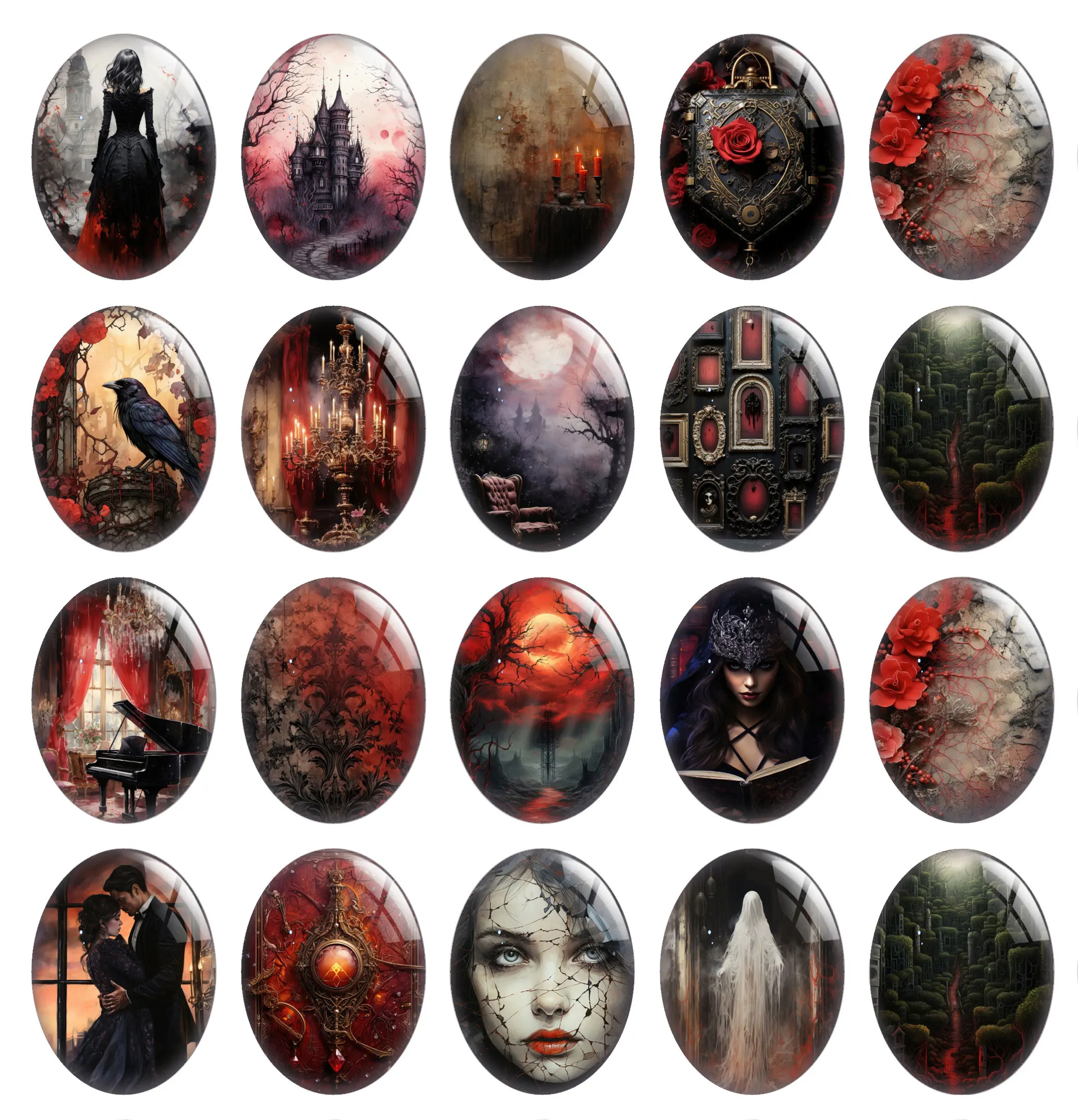 10pcs/lot Halloween Gothic Horror Ghost Red Dark Style Raven Oval Photo Glass Cabochon Flatback Demo Cameo Diy Jewelry Making