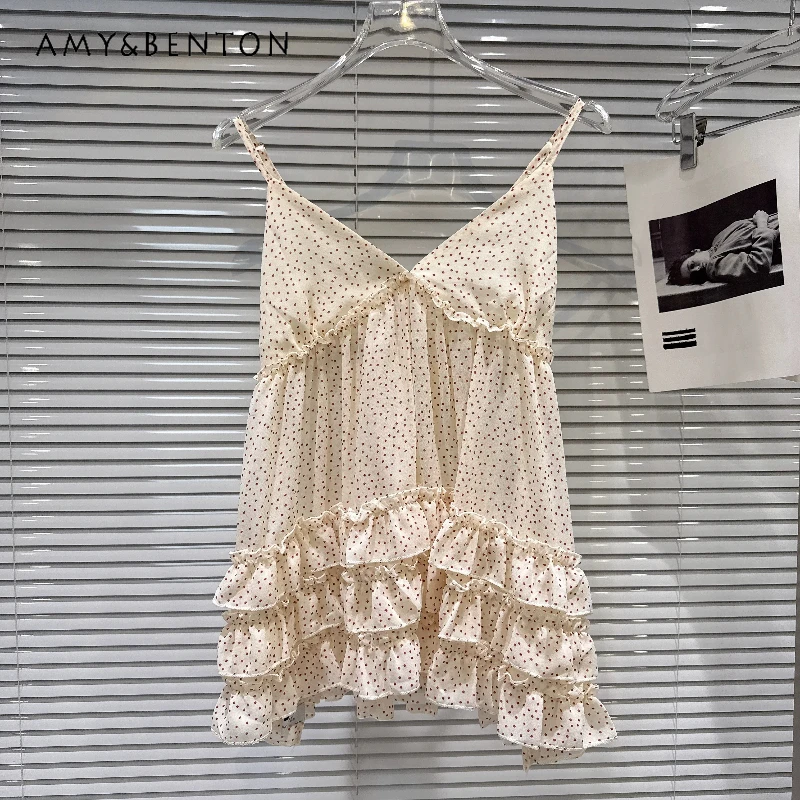 

Sweet Temperament V-neck Polka Dot Pattern Pleated Women's Sling 2026 New Sexy Hot Girl Loose Sleeveless Chiffon Vests Ladies