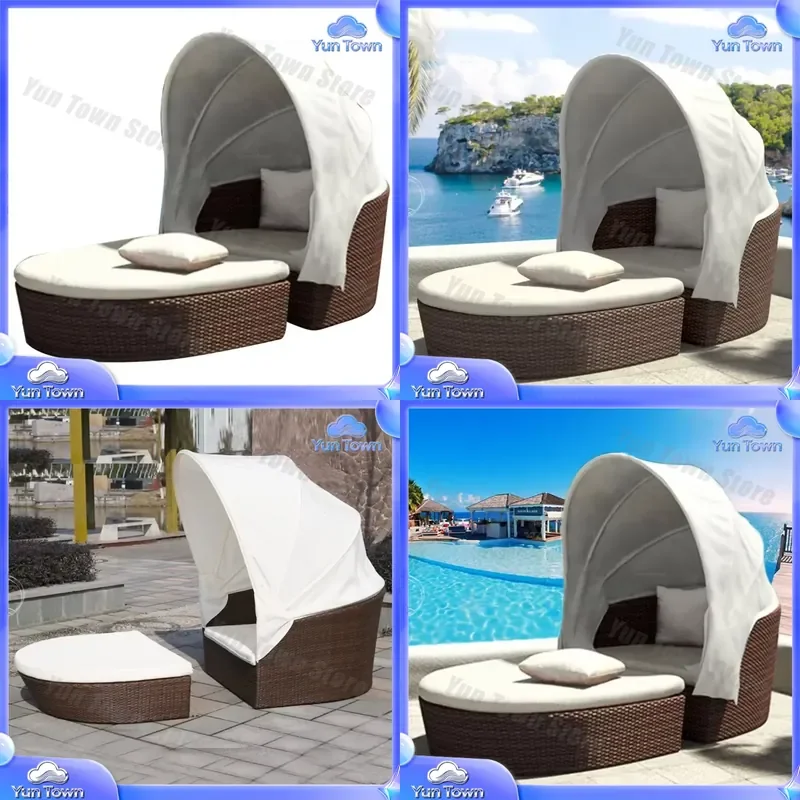 Outdoor Rattan Bed for Patio Courtyard Beach Villa Balcony Pool Lounge Lazy Lounger Leisure Furniture Wicker Daybed Sunbed