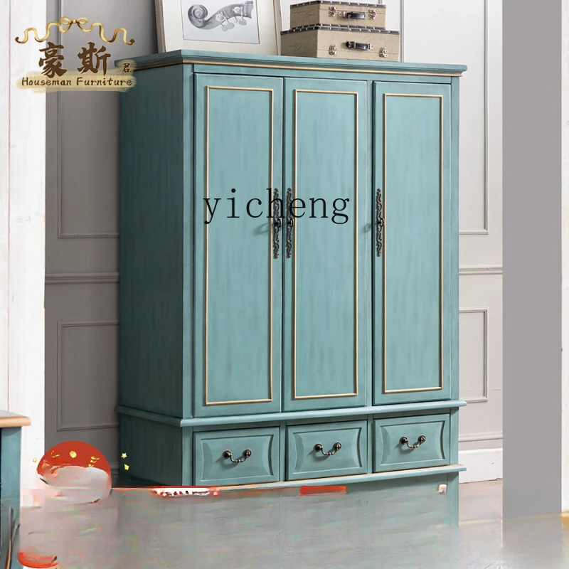 Zk Bedroom Retro Distressed Storage Cabinet Three-Door Three-Bucket Wardrobe Mediterranean Style Wardrobe