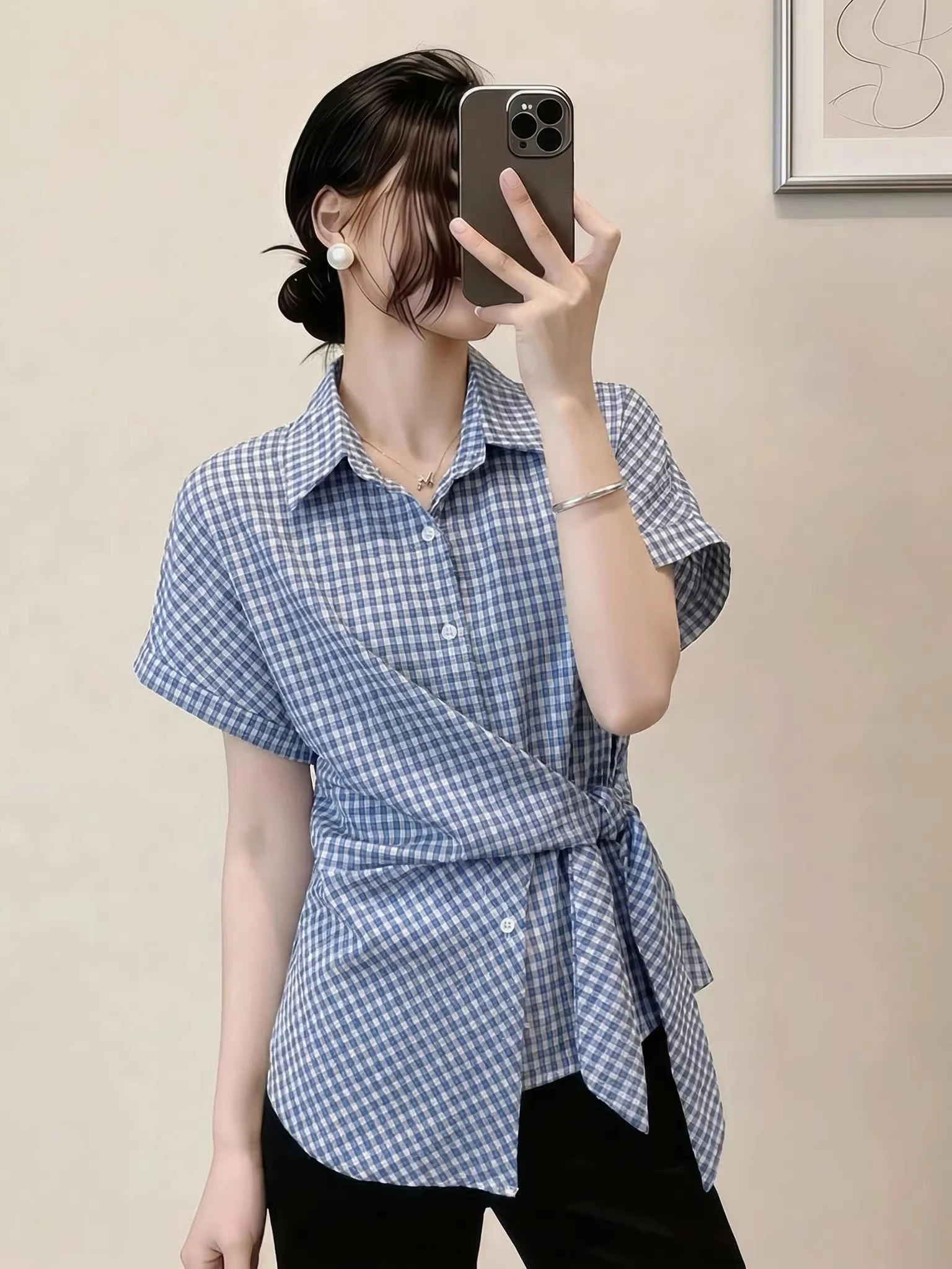 

Light Blue Plaid Short Sleeve Shirt Women's Summer New plus Size Big MM Unusual Belted Waist in Korean Style Commute Fashion