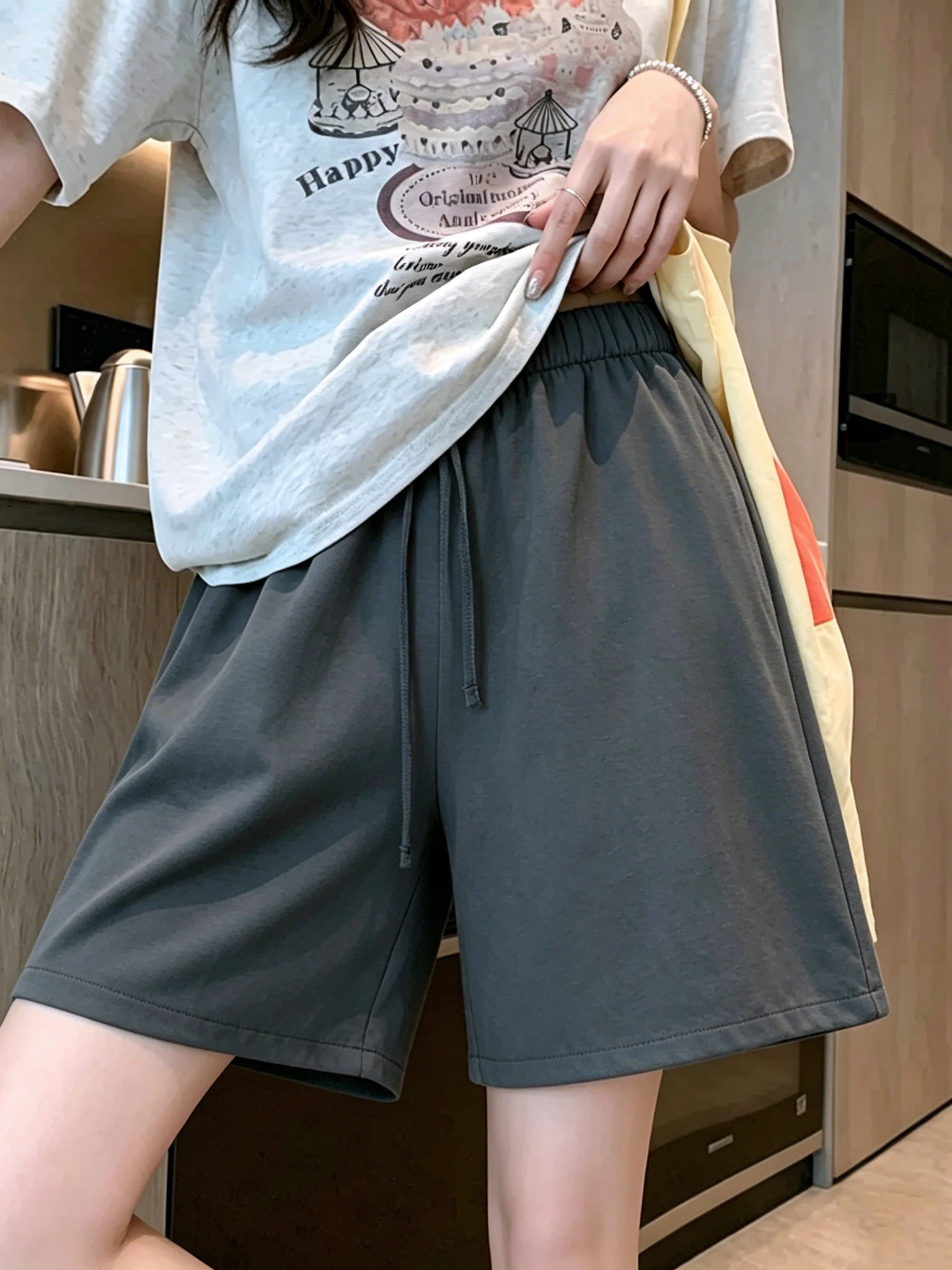 

Gray Drawstring Wide Leg Short Pants Women's Summer New High Waist Slimming Thin Casual A-Line Pants Five-Quarter Hot Pants