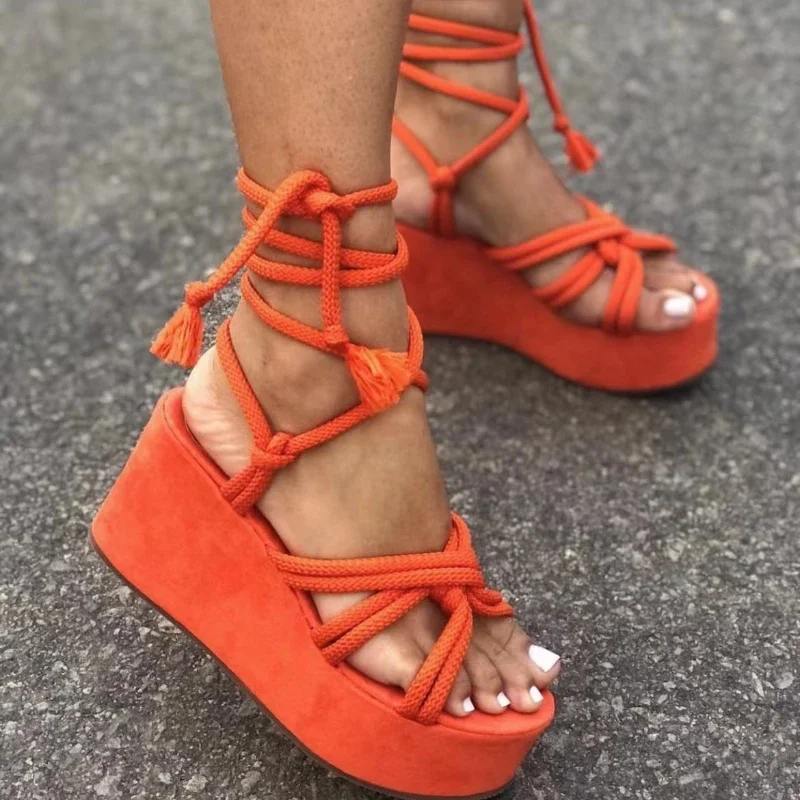 Platform Wedge Strappy Sandals Women Fashion Round Toe Cross Tied Height Increase Open Toe Women Sandals 2024