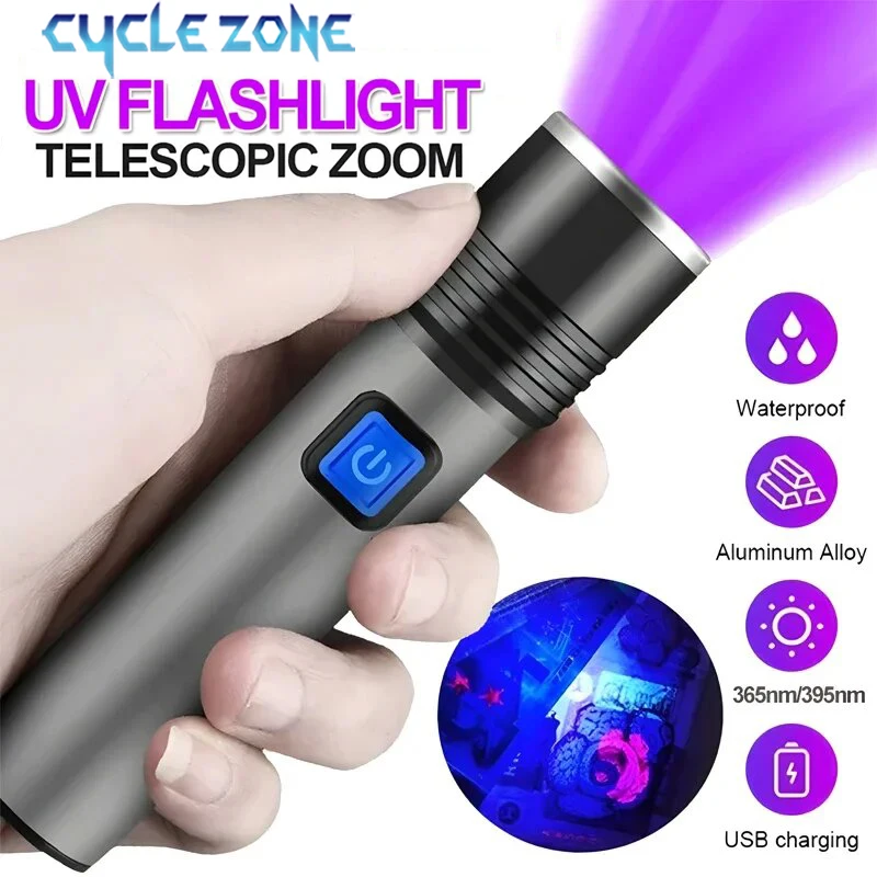 395nm UV Flashlight Zoomable Blacklight USB Rechargeable UV Light Ultraviolet Flashlight for Pet Urine Detection Curing Lighting