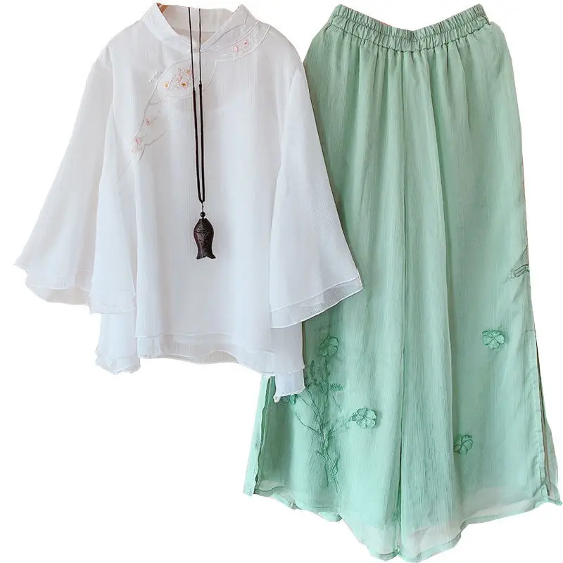 Improved Hanfu Women\'s Two-piece Cheongsam Clothing Summer Chinese Style Embroidered Disc Button Trousers Retro Two-piece Suit