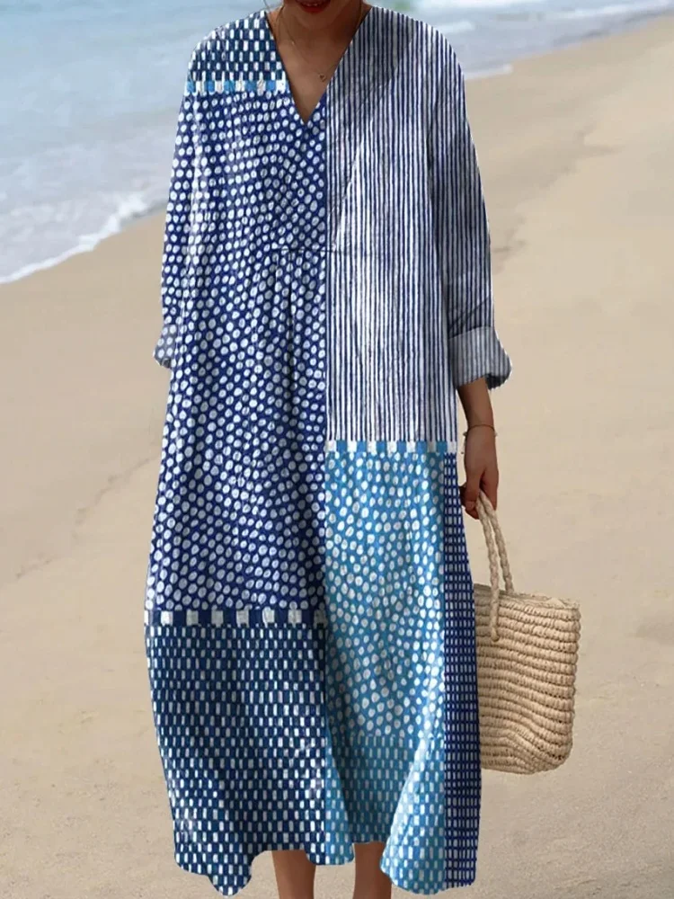 Abito da donna con stampa artistica astratta a pois e righe, alla moda, a maniche lunghe, scollo a V, vestito oversize, stile bohémien chic