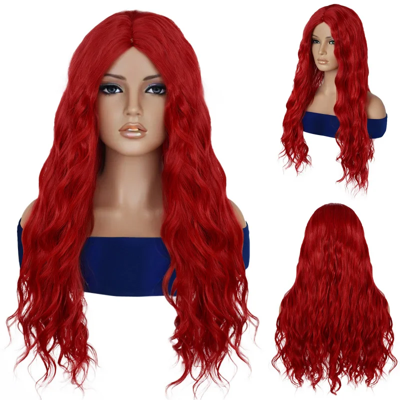 

Red middle-parted wavy long curly hair, European and American style synthetic fiber wig