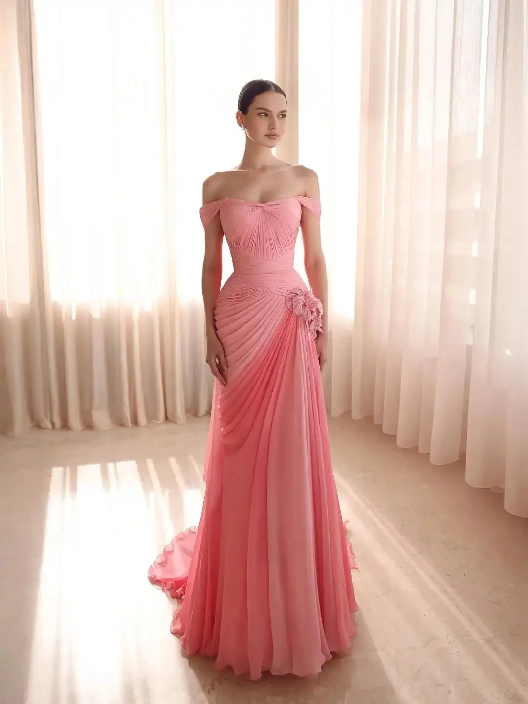 

Customized Exquisite Chiffon Criss-Cross Draped Pleat Flower A-line Off-the-shoulder Long Dresses Bespoke Occasion Dresses Sexy