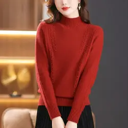 Women's Clothing Autumn Winter Half High Collar Solid Color Pullover Long Sleeve Beaded Sweater Knitted Casual Elegant Tops