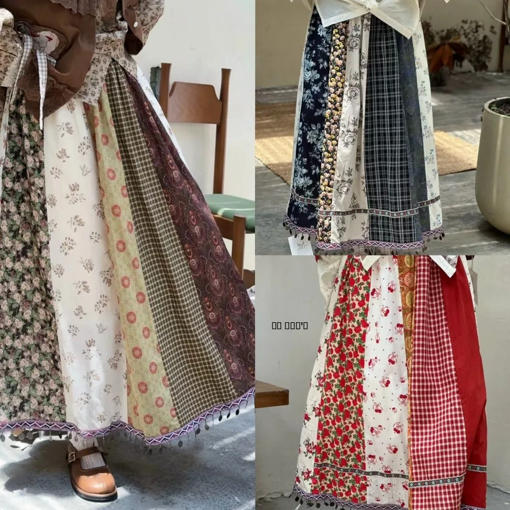 

Ретро-юбка с цветочным пэчворком и эластичным поясом, в стиле Forest Girl, художественная, для подростков, длинная, с бахромой, осенне-зимняя, свободного кроя, А-силуэт