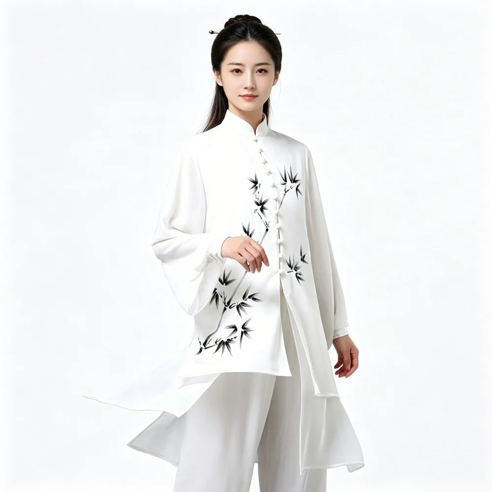 Handcrafted Crane Bamboo Print Tai Chi Suit Set Men Women Traditional Chinese Martial Arts Uniform Training Performance Clothing