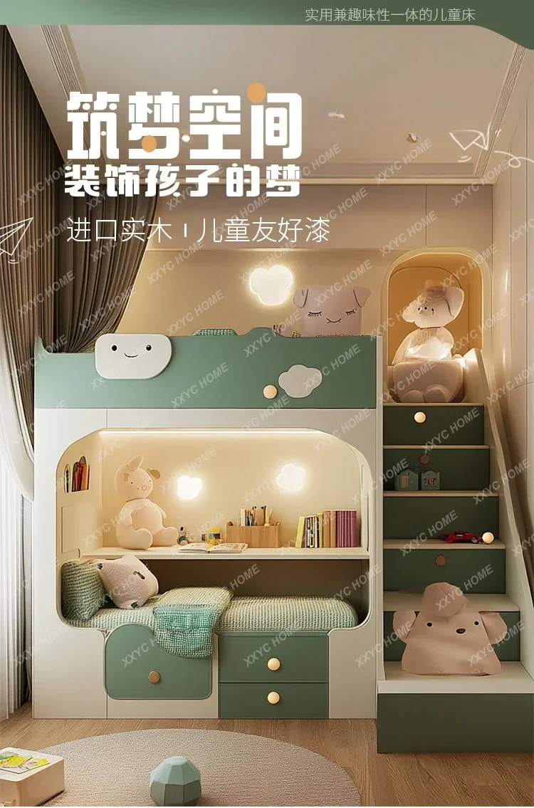 LNew solid wood theme custom childlike fun raised guardrail upper and lower bunk beds high and low two-child bed