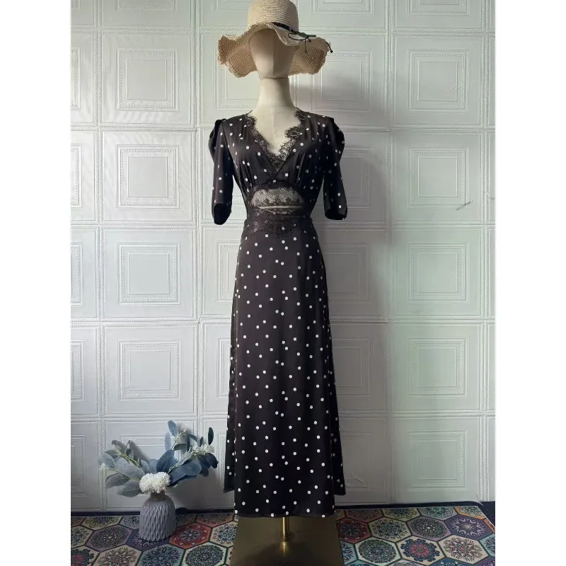 Elegant Satijn Kant Patchwork Hollow Out Jurk Vrouwen Sexy Sheer Split Party Club Avondjurk Herfst Winter Vestidos