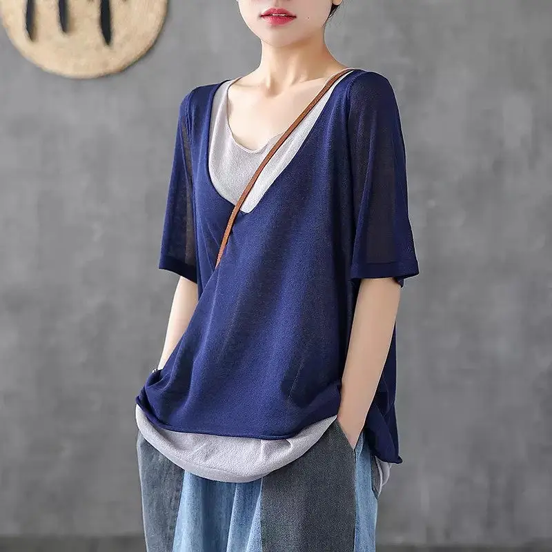 أفضل للنساء 2025 صيف جديد البند وهمية قطعتين تي شيرت قصير الأكمام فضفاضة القطن والكتان قاعدة قميص G502 #2