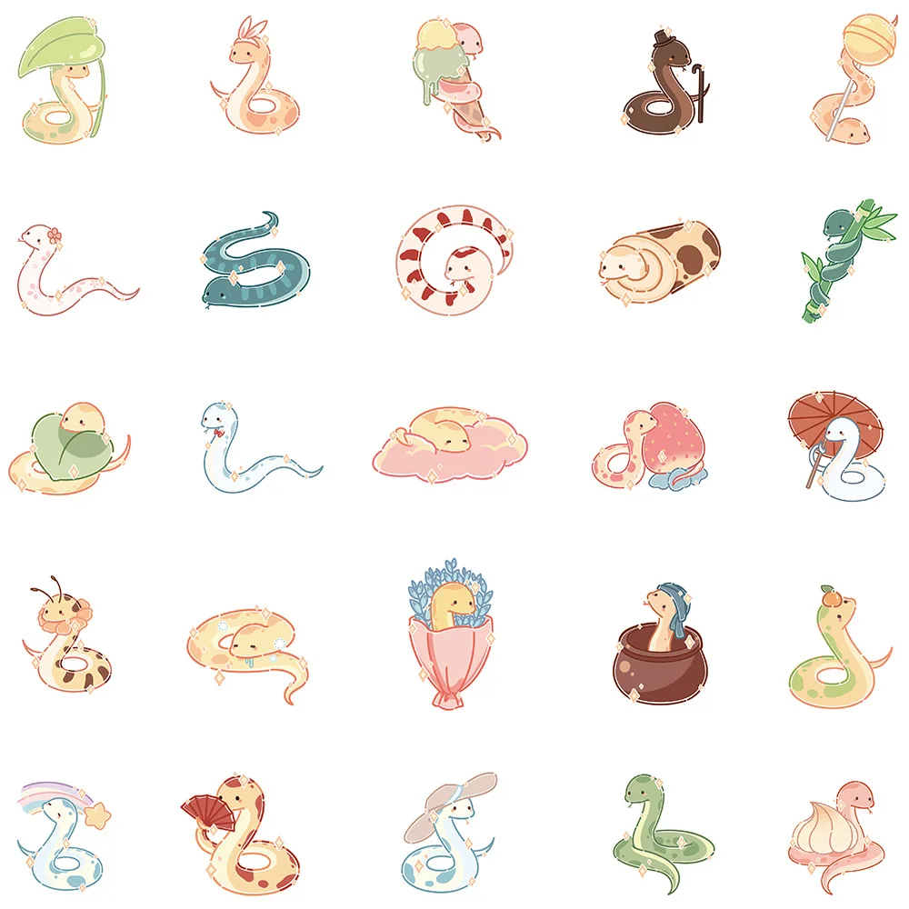 Cute Vinyl Snake Adesivos, Decalques Kawaii para Garrafa De Água, Laptop, Skate, Scrapbook, Bagagem, Brinquedo Infantil, Desenhos Animados, 50Pcs