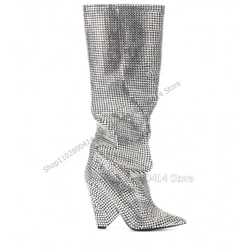 Stivali a punta con tacco a cono con strass argento Slip On scarpe da donna tacchi stile strano Fashion Runway 2023 Zapatos Para Mujere