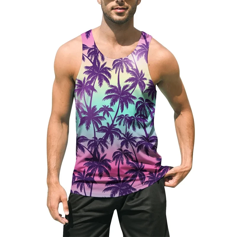 Mens Hawaiian Tropical Plants Tank Top Summer Vacation 3D Printed Beach Vest Quick Dry Sleeveless Undershirt Gym Workout Tanks