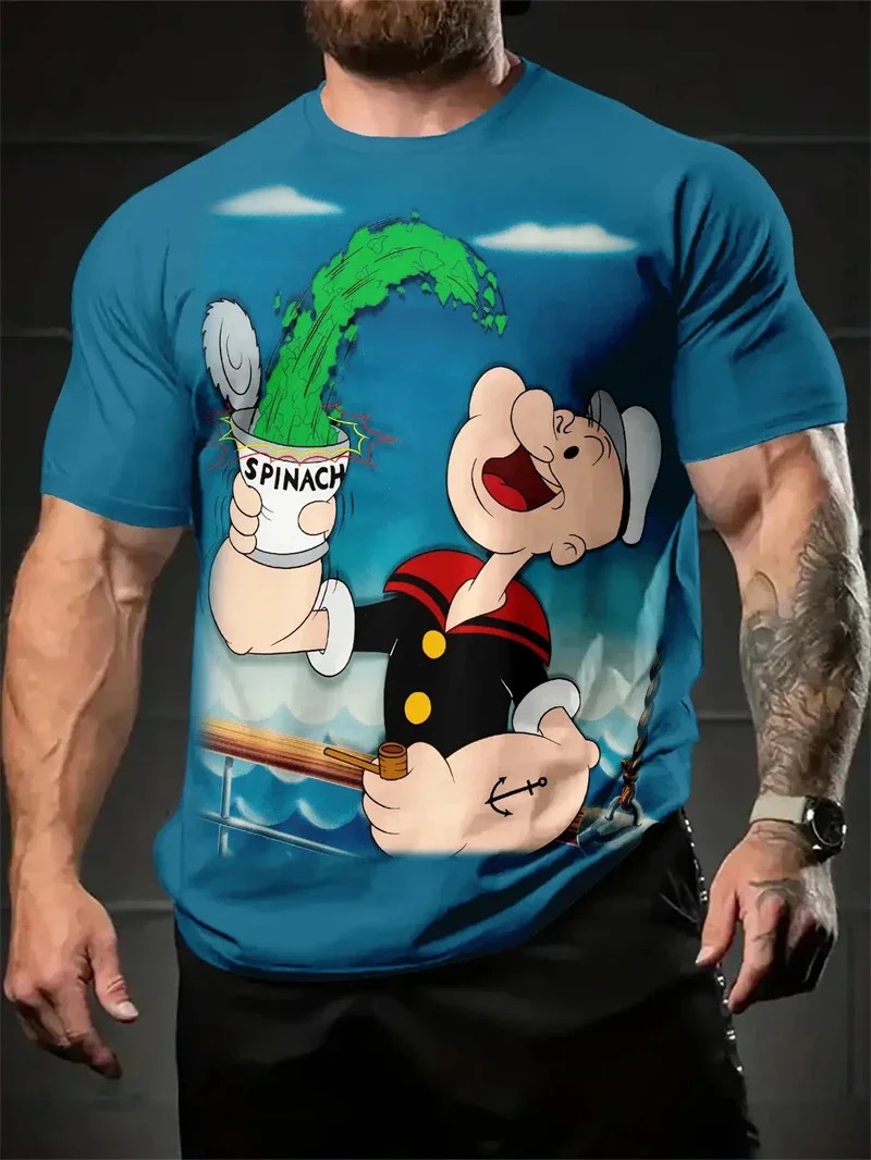 T-shirt imprimé Popeye The Sailor Man pour hommes, col ras du cou, tissu doux, manches courtes, t-shirt graphique amusant de dessin animé, Streetwear quotidien