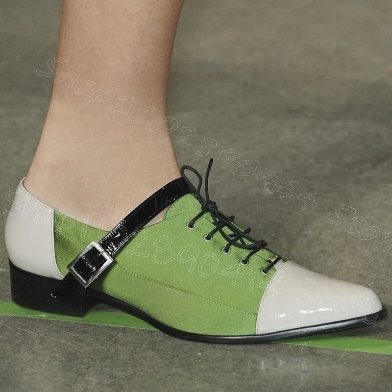 

Green Patchwork Strappy Buckle Pointed Toe Loafers Slip On Women Shoes Low Top New Fashion Party Runway 2026 Zapatos Para Mujere