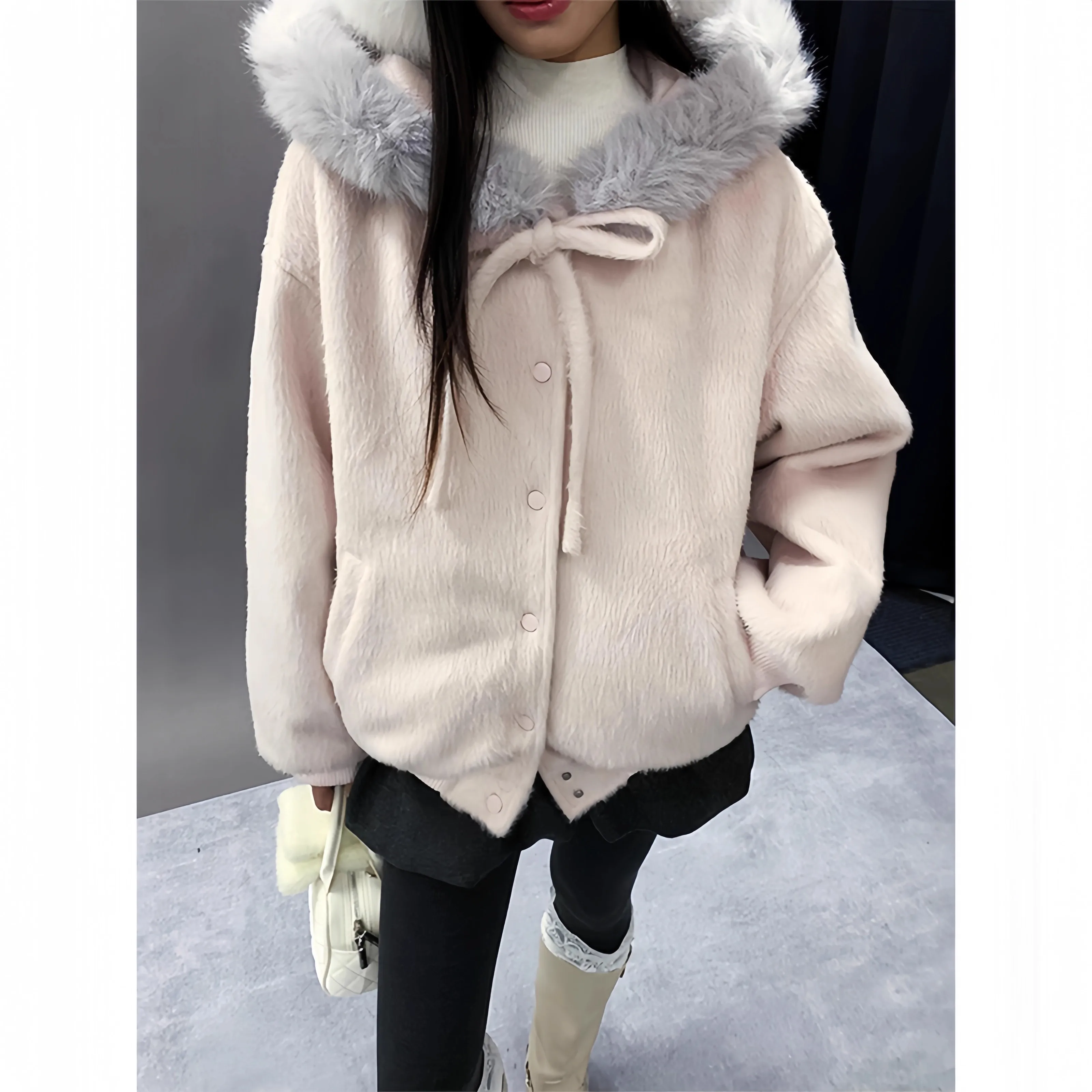 Americký styl umělé kožešiny teplá bunda s kapucí dámská módní svrchní oblečení s dlouhým rukávem mikina s kapucí parka - náhled 4