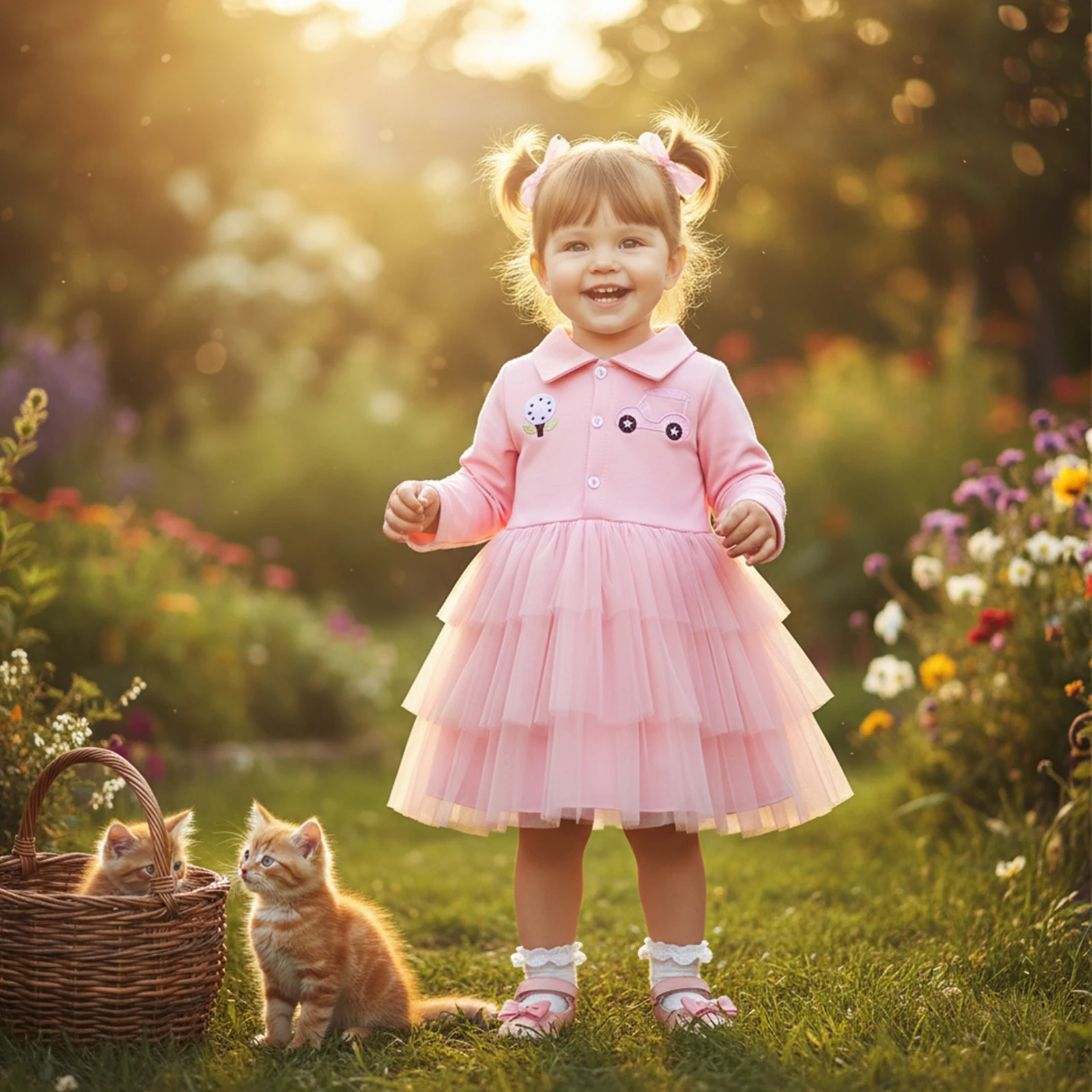 

Tregren Little Girls Golf Embroidery Dress Long Sleeve Lapel Tulle Patchwork A-line Cake Dress