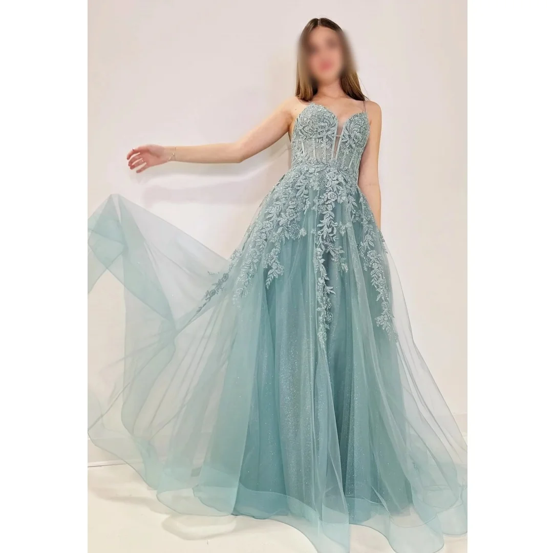 

A Line Glitter Evening Dresses Lace Sequins Wedding Party Dress Customized Illusion Corset Prom Gown Tulle A Line Vestidos
