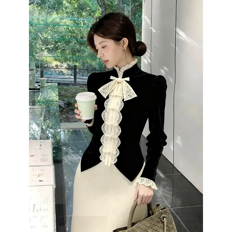 

Pale Person Kochi Wears The Atmosphere Salt System Light Mature Temperament Advanced Sense Black Bow Button Shirt Women's Simple