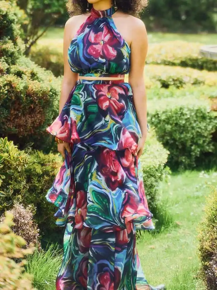 Stand Collar Hollow Out Loungewear Dresses, Women Summer 2025 Sleeveless Fashion Party Dress, Printing Patchwork Ladies Vestidos